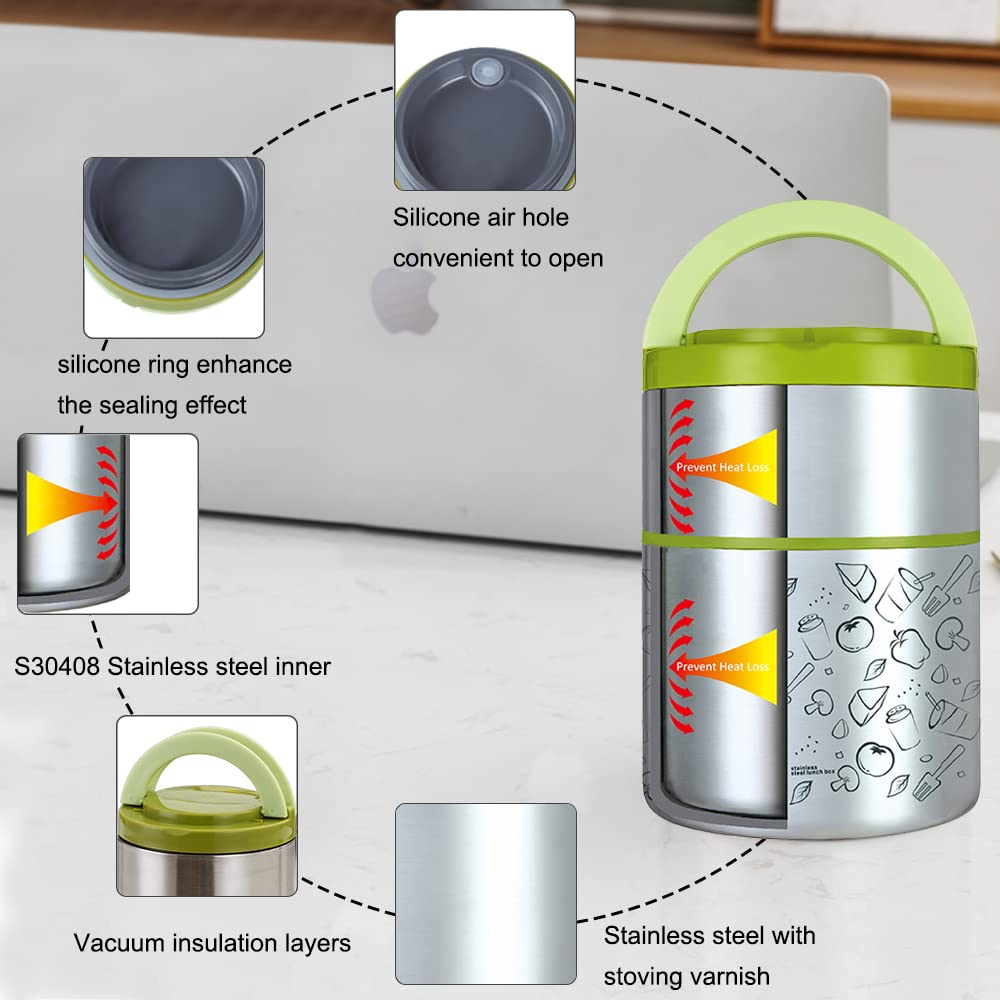 Lille Home Vacuum Insulated Stackable Stainless Steel Thermal Lunch/Snack box, 2-Tier Bento/Food Container with Lunch bag, Smart Diet, Weight Control, 32 Ounces, Pink