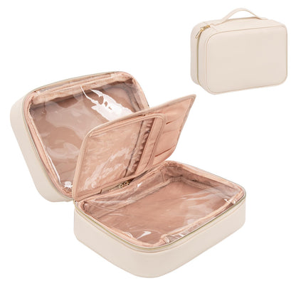 OCHEAL Makeup Bag, Make up Travel Bag Large Capacity Waterproof Cosmetic Organizer Bag with Makeup Brush Compartment & Handle for Women Girls Travel Toiletry Accessories-Beige