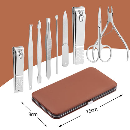 Manicure Set, FAMILIFE Professional Manicure Kit Nail Kit Mens Grooming Tools Pedicure Tool 9PCS Gifts for Men Boyfriend Stainless Steel Nail Clipper Set Leather Case Brown