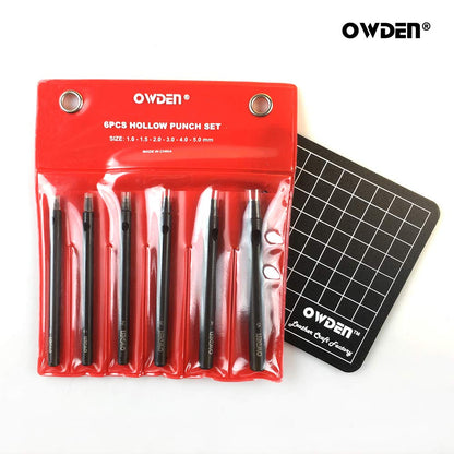 OWDEN Professional 6pc Leather Hollow Punch Set, Size 1.0-5.0mm, Black, Steel, Manual, 6 Holes, Free Mini Cutting Mat