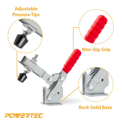POWERTEC 2PK Toggle Clamp, 500 lbs Holding Capacity, 12130 Quick Release Vertical Clamps w/Antislip Rubber Pressure Tip for Woodworking Jigs and Fixtures, Welding, Drill Press, Crosscut Sled (20335)