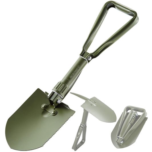 REDCAMP 23" Military Folding Camping Shovel w/Cover,Portable Shovel with High Manganese Steel, Tactical Entrenching Tool Tri-fold Handle Shovel for Camping Hiking Sand Mud Snow Beach, Green 2.5Lbs