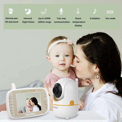 HelloBaby Baby Monitor with Remote Pan-Tilt-Zoom Camera and 3.2'' LCD Screen, Infrared Night Vision, Temperature Display, Lullaby, Two Way Audio, with Wall Mount Kit