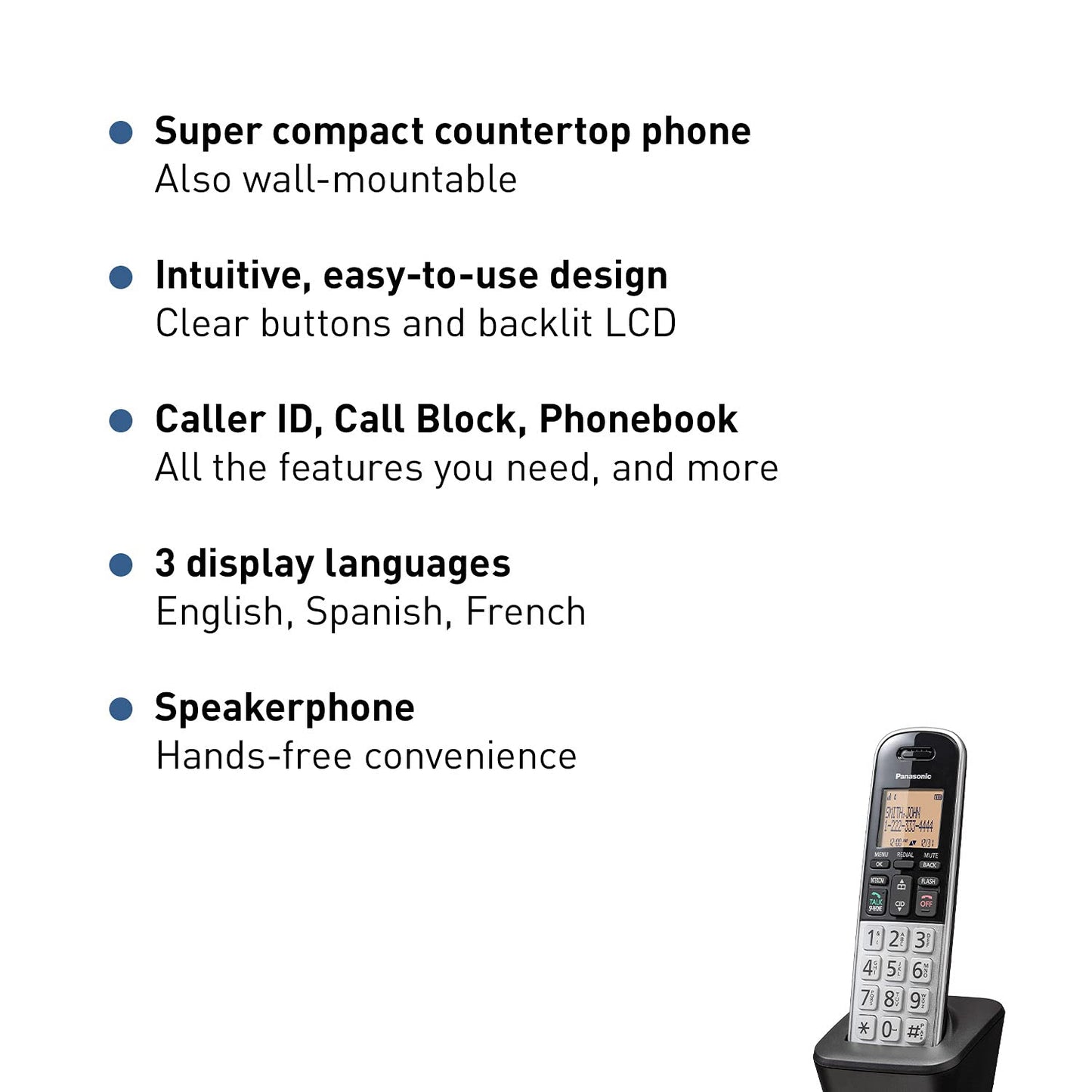 Panasonic Compact Cordless Phone with DECT 6.0, 1.6" Amber LCD and Illuminated HS Keypad, Call Block, Caller ID, Multiple Display Languages - 1 Handset - KX-TGB810S (Black/Silver)