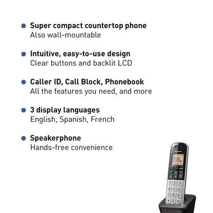 Panasonic Compact Cordless Phone with DECT 6.0, 1.6" Amber LCD and Illuminated HS Keypad, Call Block, Caller ID, Multiple Display Languages - 1 Handset - KX-TGB810S (Black/Silver)