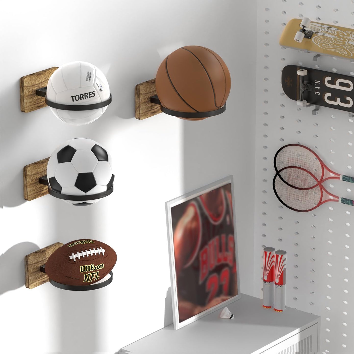4 Pcs Wall Mount Basketball Holder with Wooden Base, Ball Storage Holders Display Rack for Autograph Basketball, Football, Soccer, Volleyball Collection, Sports Accessories Organizer for Player Fans