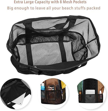 F-color Mesh Beach Bag Family - 2 Pack Beach Tote 9 Pockets Cruise Vacation Essentials, Black