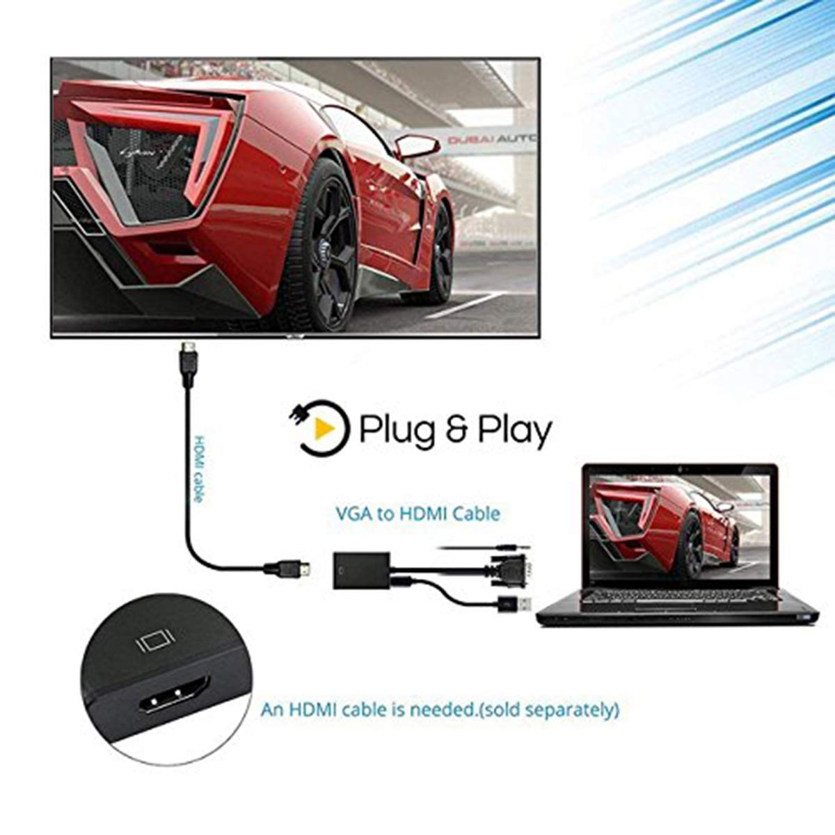 ONTEN VGA to HDMI, 1080P Adapter (Male to Female) for Computer, Desktop, Laptop, PC, Monitor, Projector, HDTV with Audio Cable and USB Cable (1 Pcs)