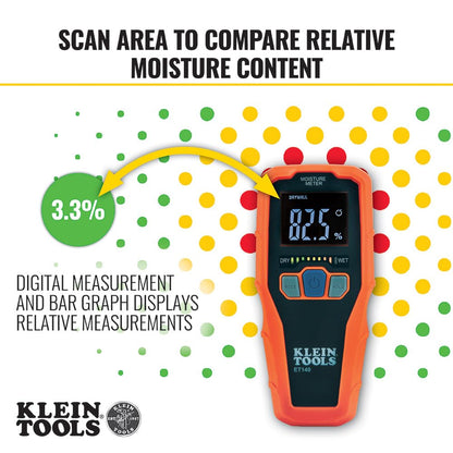 Klein Tools ET140 Pinless Moisture Meter for Non-Destructive Moisture Detection in Drywall, Wood, and Masonry; Detects up to 3/4-Inch Below Surface