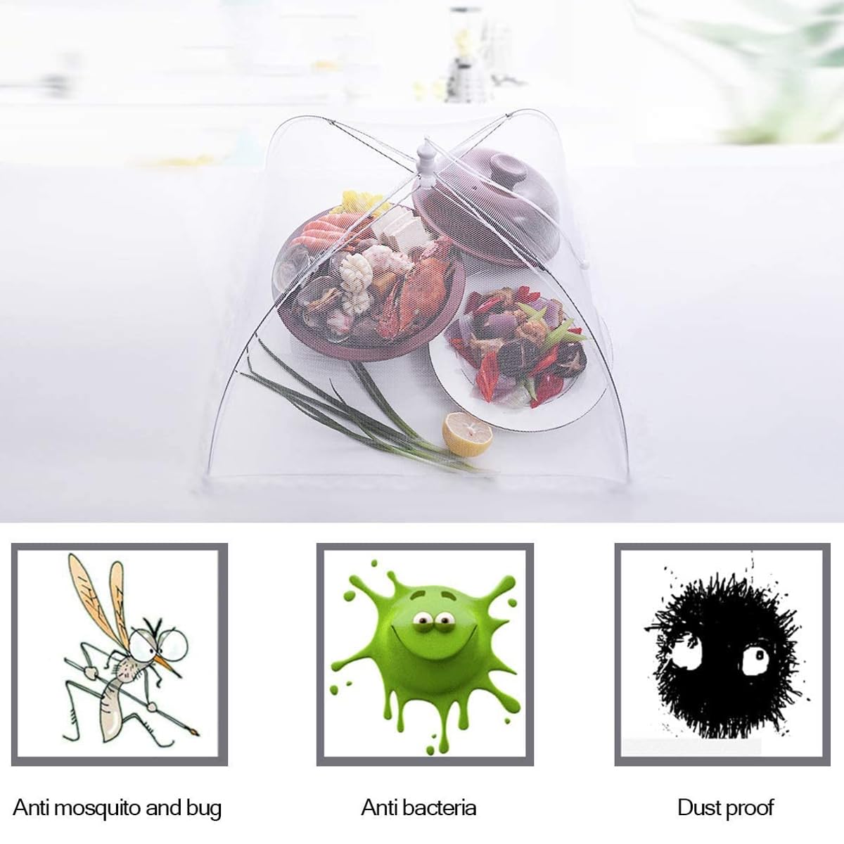 FOOEN (6 Pack) Pop-Up Outside Picnic Mesh Food Covers Tent Umbrella for Outdoors and Camping Food Net Cover Keep out Flies Mosquitoes Ideal for Parties BBQ, Reusable and Collapsible 17 x 17inches