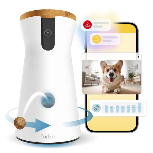 Furbo 360° Dog Camera - Unlock with Paid Plan: Home Security & Dog Safety Alerts, Rotating Pet Treat Dispenser w/ 2-Way Speaker, Smart Indoor Cam w/Phone App (3mo Minimum Subscription Required)