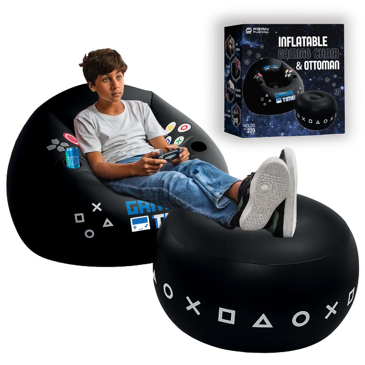 FranFusion Inflatable Gaming Chair for Kids & Teens with Cup Holders and Side Pocket - This Air Bean Bag Game Chair is The Perfect Furniture for Gamer Room Décor (Gaming Time with Ottoman)