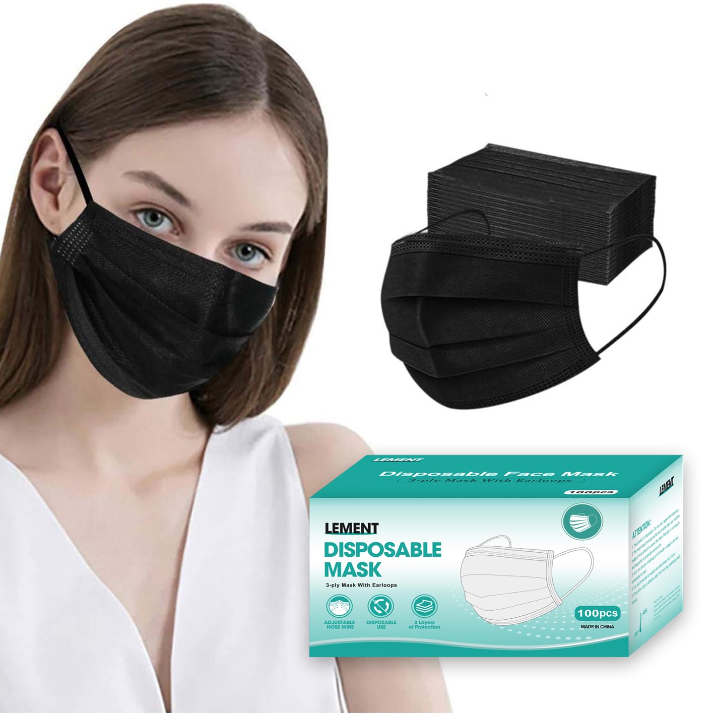 LEMENT 100 Pcs Disposable Face Masks, 3 Ply Face Masks Black Disposable Mask, (Disposable face mask)