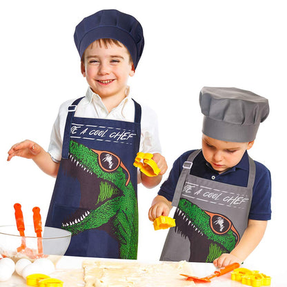 MHJY Kids Apron and Chef Hat for Boys Dinosaur Child Aprons with Pockets,Adjustable Apron for Cooking Baking Painting 3-12 Years