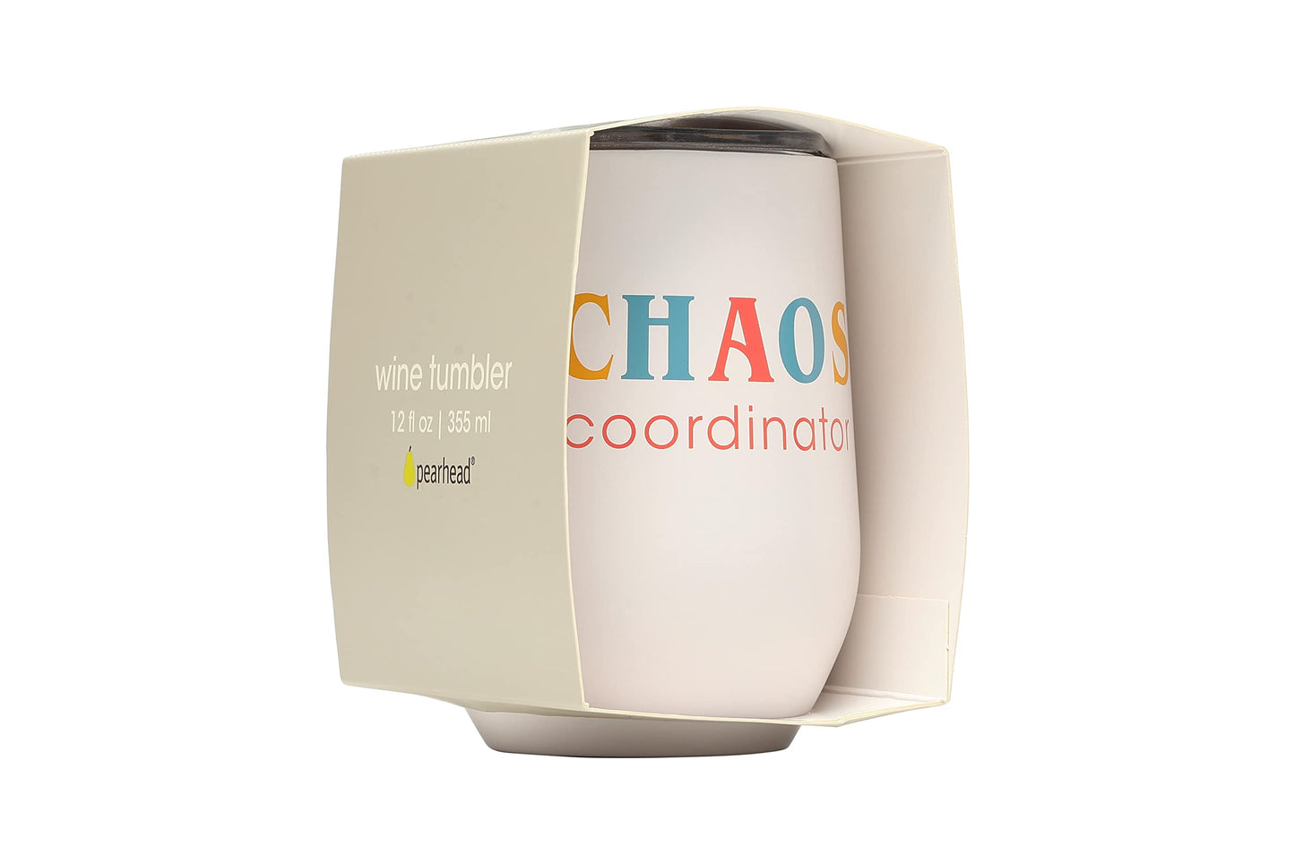 Pearhead Chaos Coordinator Stainless Steel Wine Tumbler with Press-In and Slide Locking Lid, Mother’s Day Stemless Wine Glass Tumbler Mug, New Mom Accessory, 12oz