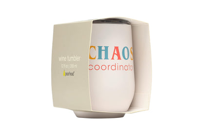 Pearhead Chaos Coordinator Stainless Steel Wine Tumbler with Press-In and Slide Locking Lid, Mother’s Day Stemless Wine Glass Tumbler Mug, New Mom Accessory, 12oz