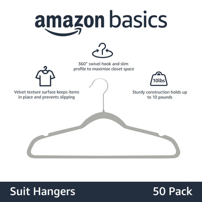 Amazon Basics Slim, Velvet, Non-Slip Suit Clothes Hangers, Gray/Silver - Pack of 50