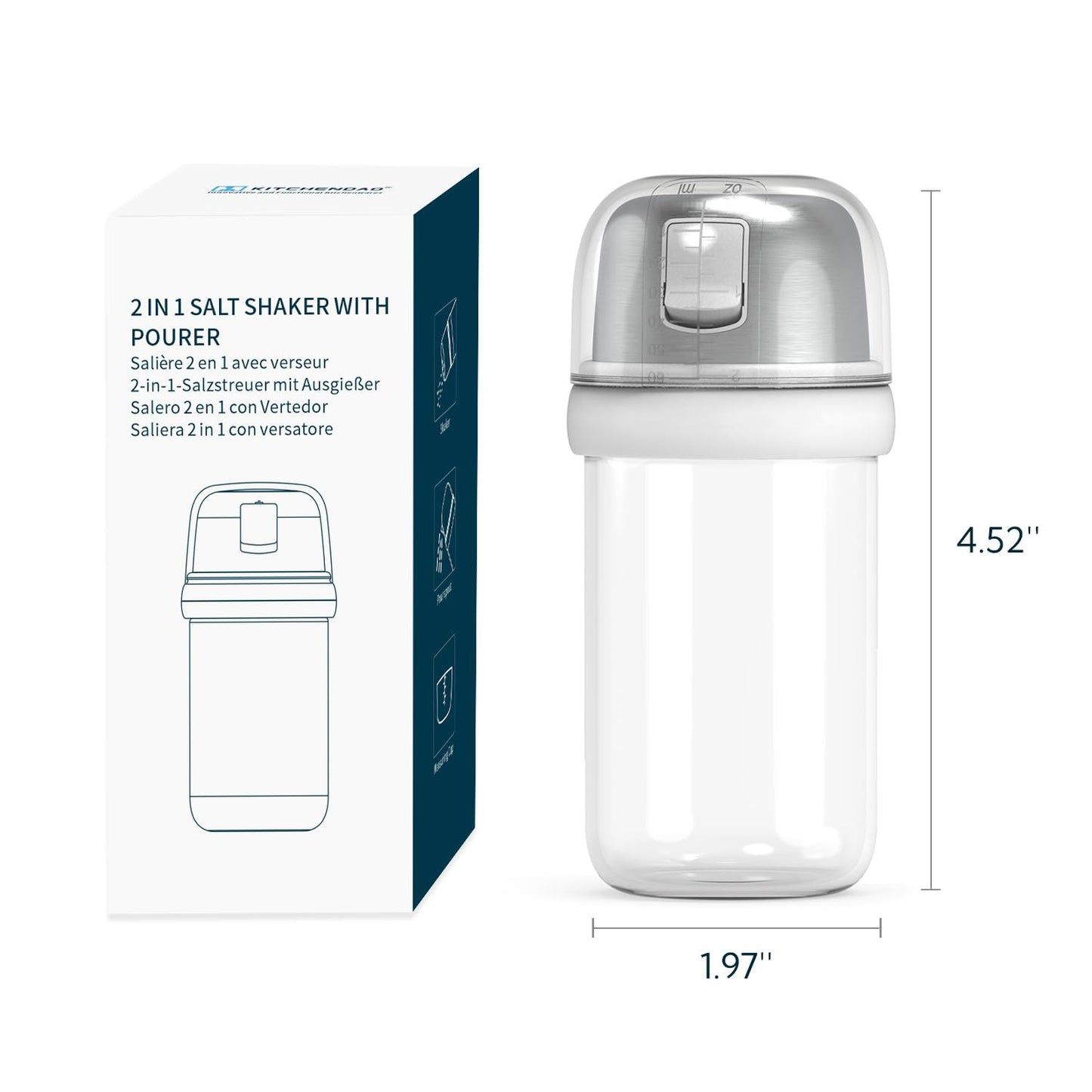 KTCHENDAO 2 in 1 Glass Salt Shaker with Side Pour Spout, Built-in Lid to Slow Down Dampness with Mearsuring Marks, Elegant Borosilicate Glass Salt Dispenser for Kitchen, BPA Free, 4oz (White)