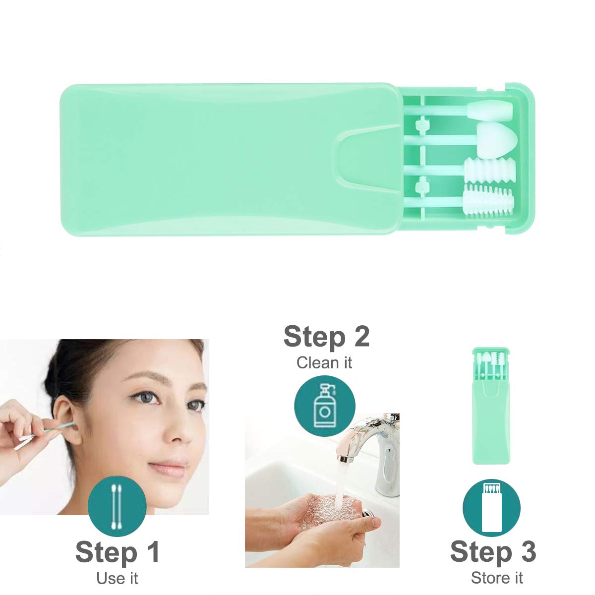 Rnker Reusable Swabs Silicone Cotton Swabs Rough Friction Q-Tip for Ears Cleaning, Love Shape Q-Tip for Cosmetic makeup for women (New 4 pack, Grass Green) Design Upgrade