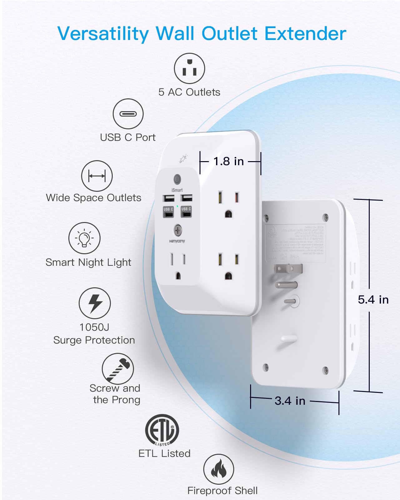 Multi Plug Outlet, HANYCONY Outlet Extender with 4 USB Ports (2 USB C) and Night Light, 1050J Surge Protector, Wall Mount, Outlet Splitter for Bathroom Kicthen Camper Dorm Room Essentials