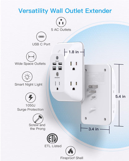 Multi Plug Outlet, HANYCONY Outlet Extender with 4 USB Ports (2 USB C) and Night Light, 1050J Surge Protector, Wall Mount, Outlet Splitter for Bathroom Kicthen Camper Dorm Room Essentials