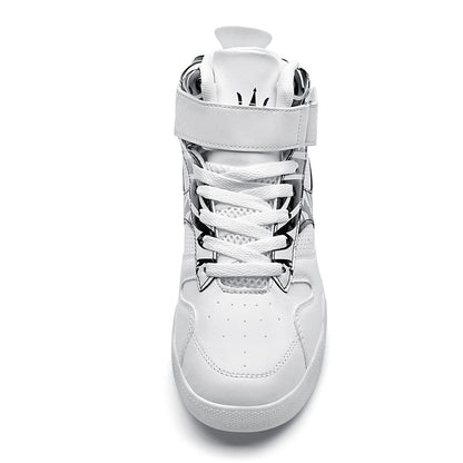 FZUU Men's Fashion High Top Leather Street Sneakers Sports Casual Shoes (8.5, White/Black, Numeric_8_Point_5)