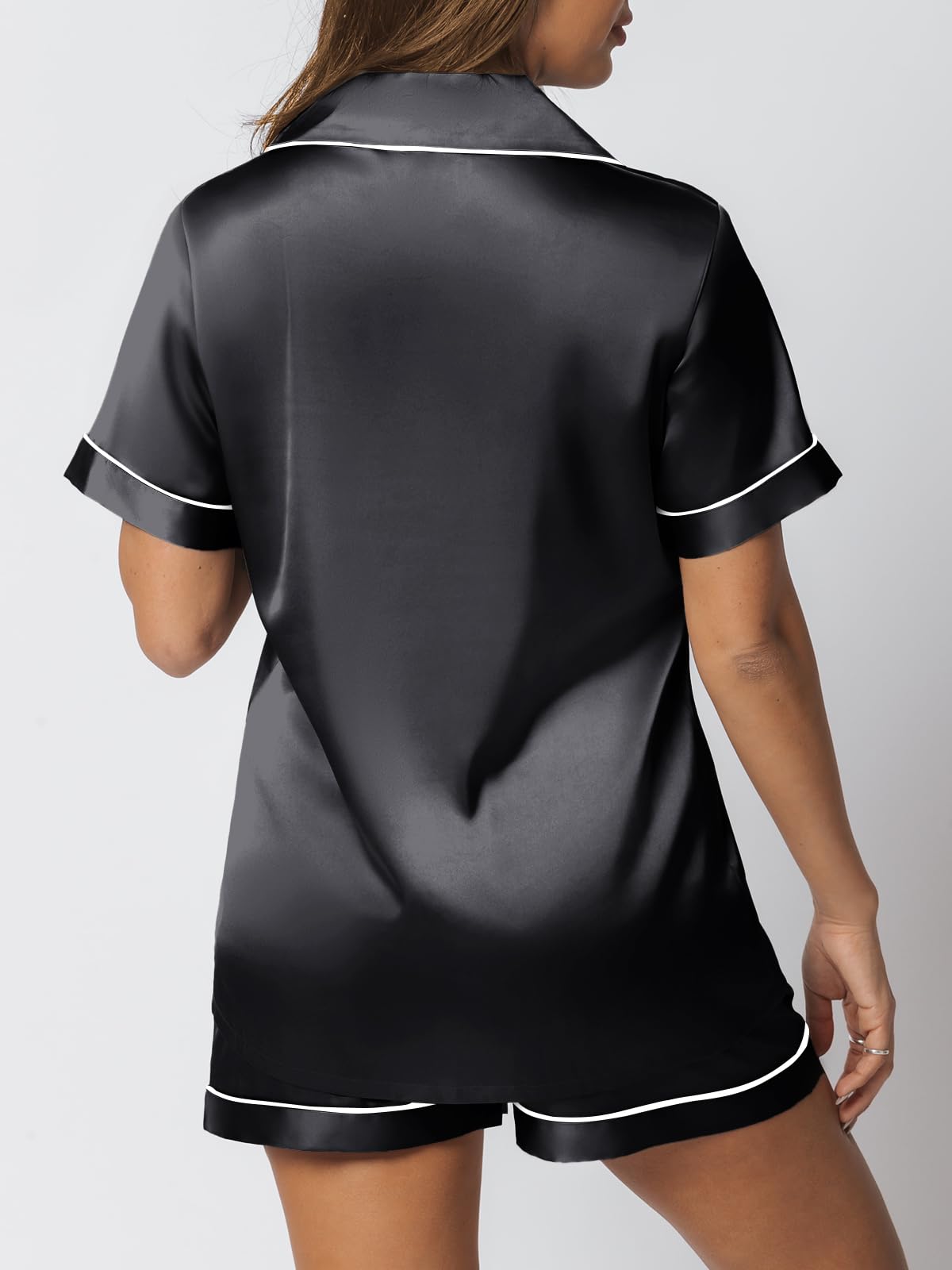 LILLUSORY Silk Satin Pajama Set for Women 2 Piece Lounge Pjs Shorts Matching Summer Sleepwear Button Down Shirt Shorts Black XS