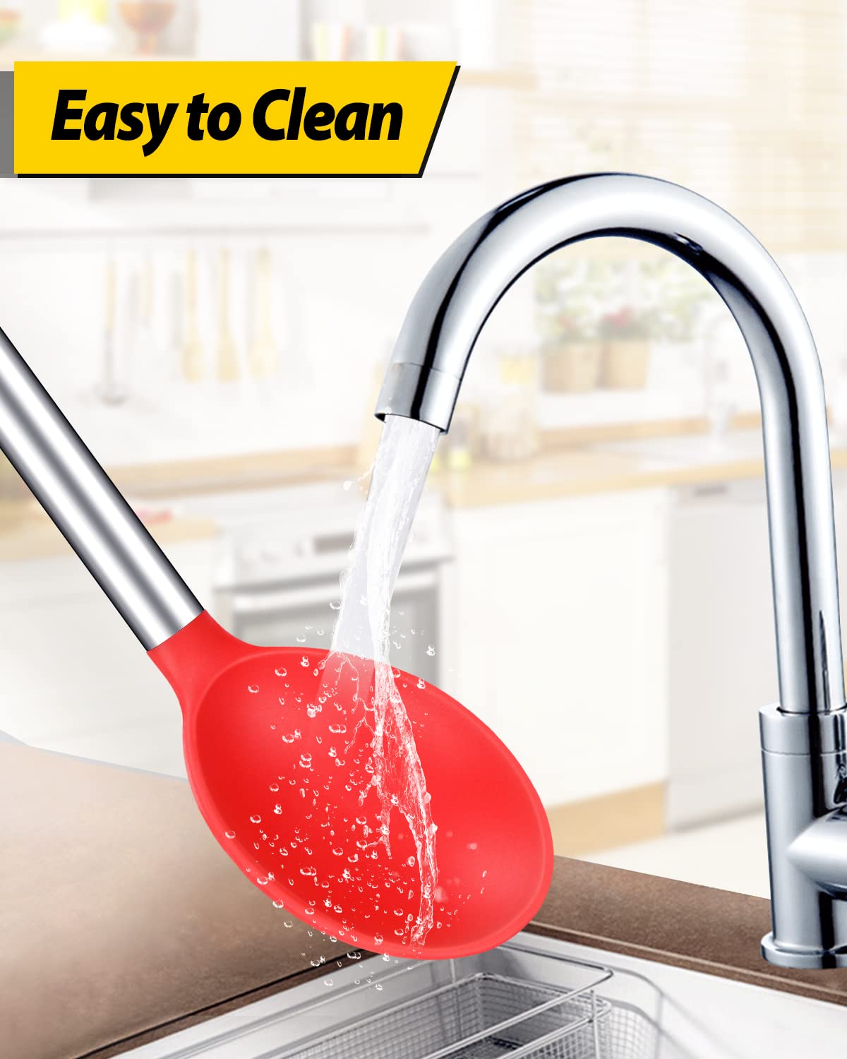 Pack of 2 Large Silicone Cooking Spoon Non Stick Solid Basting Spoons Heat-Resistant Kitchen Utensils for Mixing Serving (Black-Red)