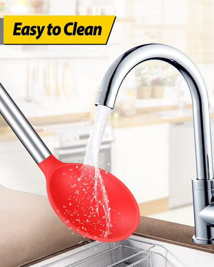 Pack of 2 Large Silicone Cooking Spoon Non Stick Solid Basting Spoons Heat-Resistant Kitchen Utensils for Mixing Serving (Black-Red)