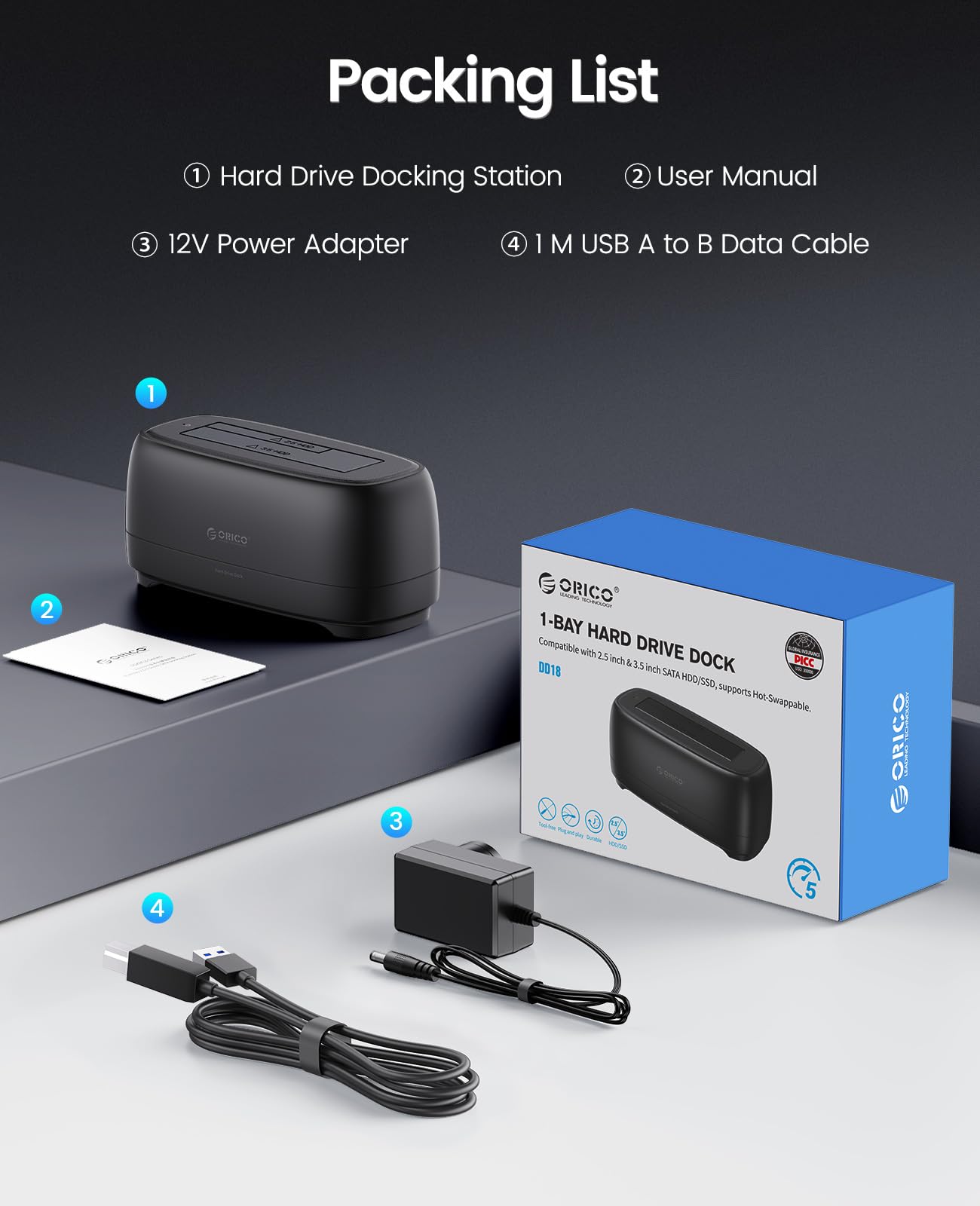 ORICO External Hard Drive Docking Station for 2.5/3.5 Inch HDD SSD USB 3.0 to SATA Hard Drive Dock Up to 22TB Support UASP 12V Power Adapter Supply-DD18