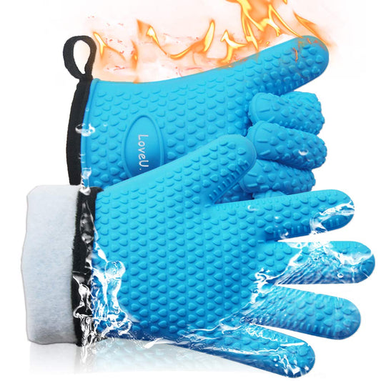 Loveuing Kitchen Oven Gloves - Dual-Layer Heat Resistant Grilling Gloves, Silicone Oven Mitts with 5 Fingers, Waterproof Non-Slip Pot Holder for Barbecue, Cooking, Baking (Blue)