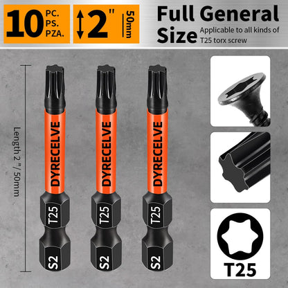 10-Pack T25 Torx Bits for Impact Driver, T-25 Torx/Star Bit Set 2'' Long, Magnetic Torque Head, Premium S2 Alloy Steel, 1/4'' Hex-Shank for Professional & DIY Use