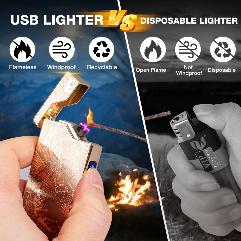LcFun Electric Lighter USB Rechargeable, Dual Arc Plasma Lighter, Windproof Flameless Lighters, Electronic Lighters with LED Battery Indication Gifts for Men Boyfriend Husband (Dragon Gold)