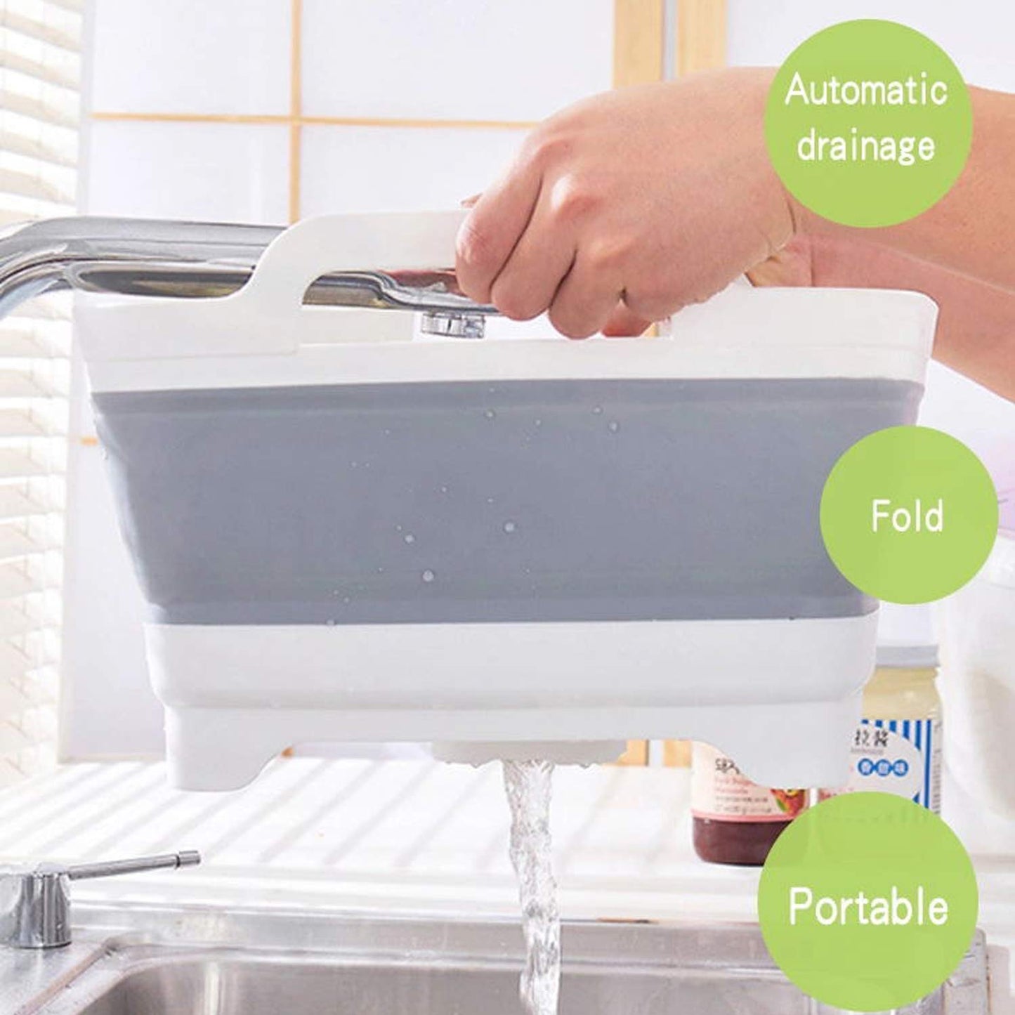 Leemeimei 9L (2.4Gal) Dish Basin Collapsible with Drain Plug Carry Handles,Kitchen Storage Tray Dish Wash Basin, Portable Dish Tub, Foldable Dishpan for Camping,RV,Gray