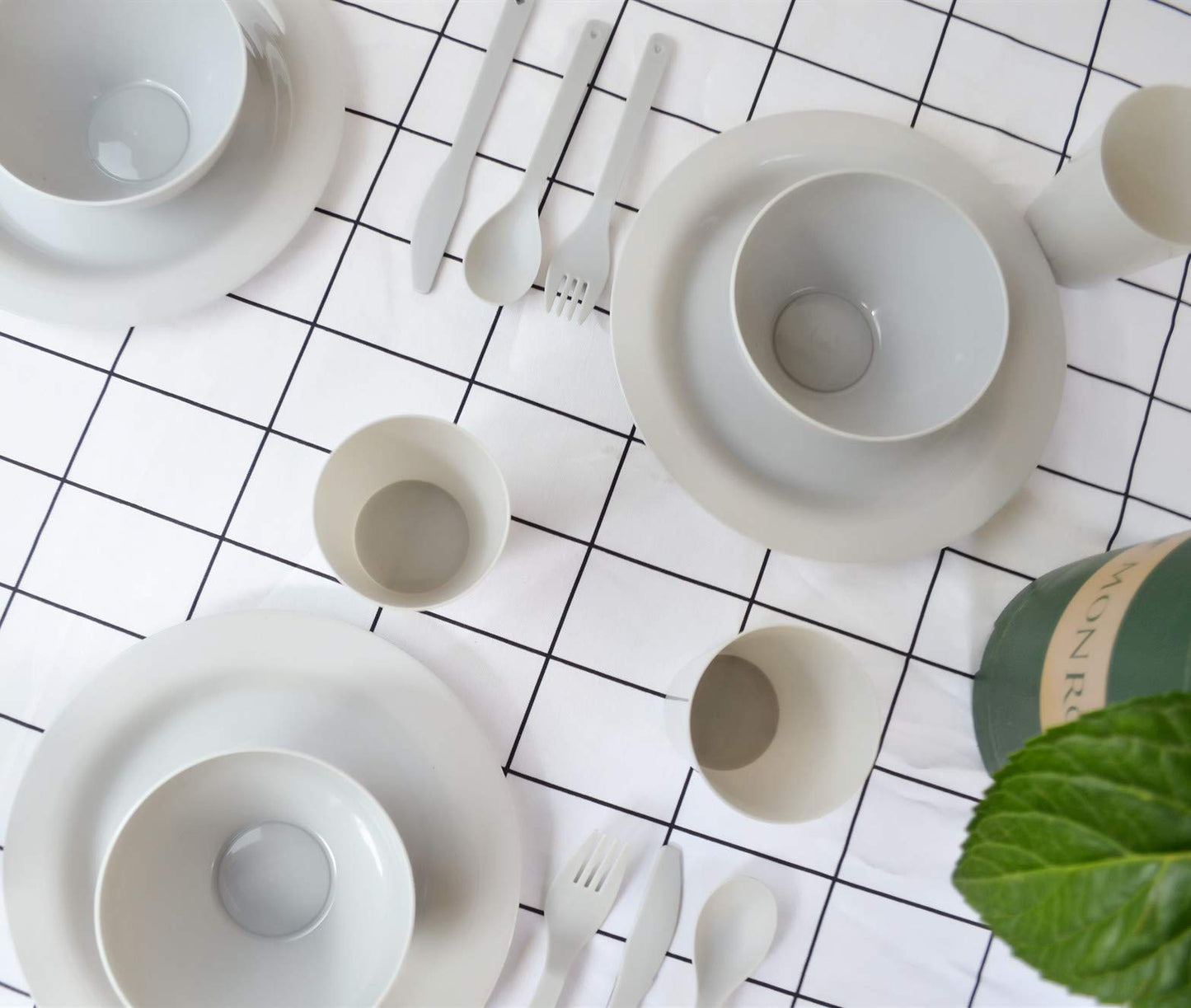 Plastic Plates and Bowls Sets,College Dorm Room Essentials Dishes Set Camping Plates,Dinnerware Accessories Mess Kit-Microwaveoven Safe BPA-Free with Mesh Bag-24PCS