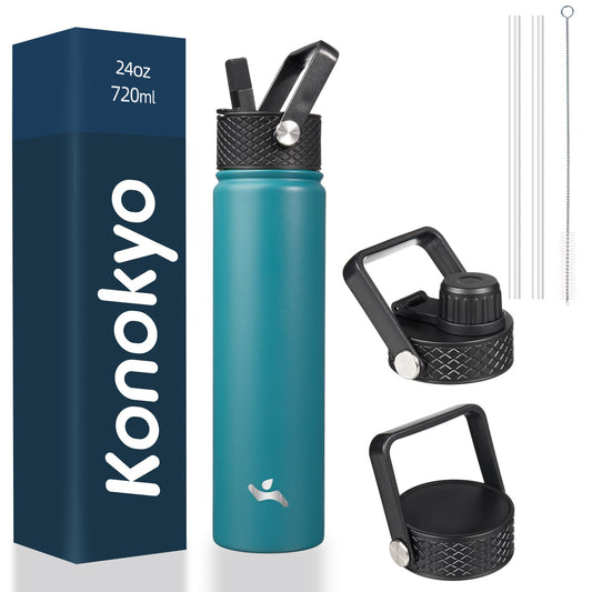 Konokyo Insulated Water Bottle 24oz Stainless Steel Sport Bottles with 3 Lids,Light Blue