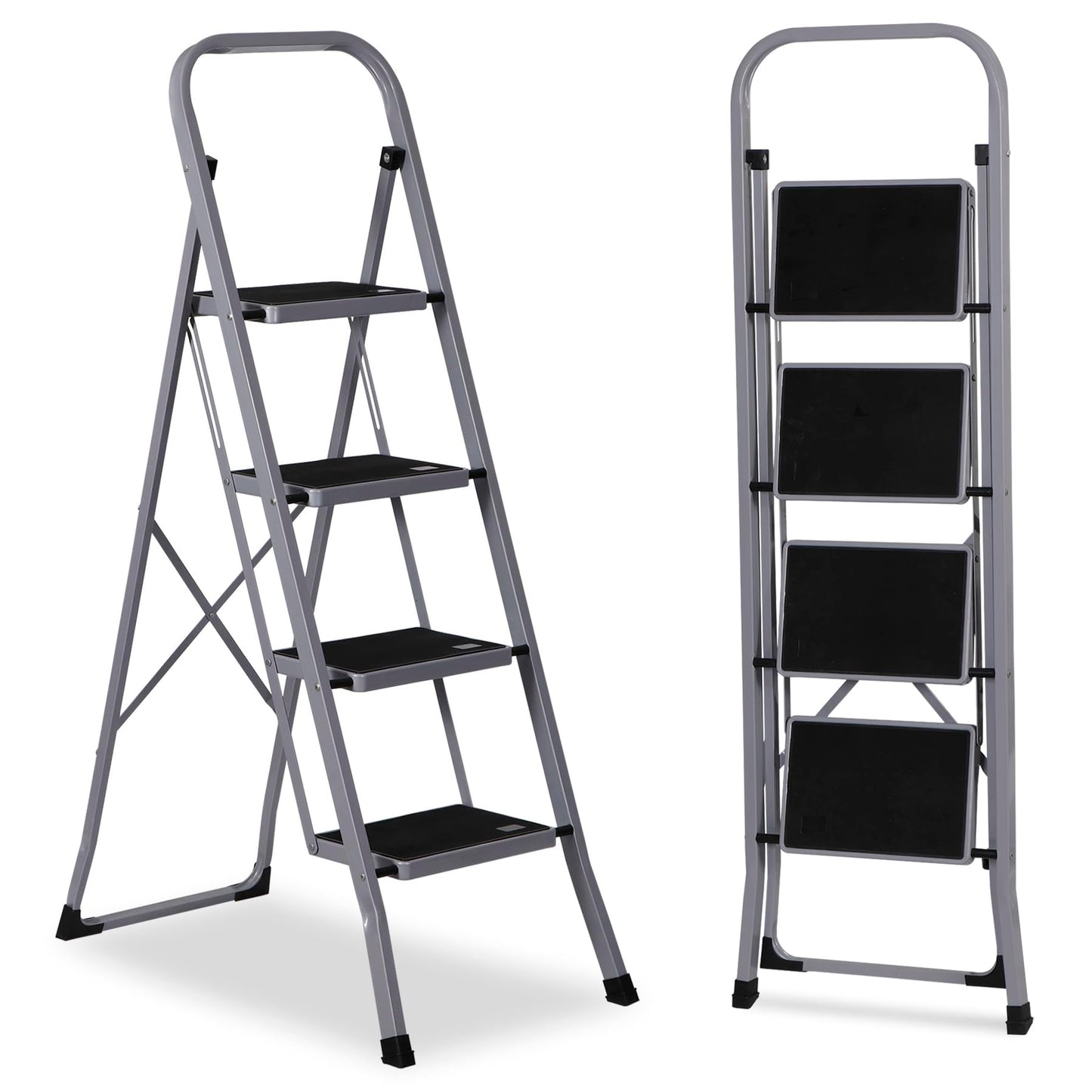 JungleA Step Ladder, Folding 4 Step Stool Ladder for Adult, w/Wide Anti-Slip Pedal, 330 lbs Load Capacity, Foldable Portable Sturdy Lightweight Tall Ladder for Closet, Kitchen, Office & Home, Grey