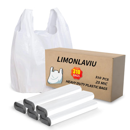 LimonLaviu Plastic Bags with Handles - 310 Count, 25 Mic/1 Mil Strong White T Shirt Bags for Small Business, Restaurants - 11.5'x 6.5" x 21'