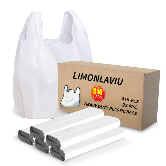 LimonLaviu Plastic Bags with Handles - 310 Count, 25 Mic/1 Mil Strong White T Shirt Bags for Small Business, Restaurants - 11.5'x 6.5" x 21'