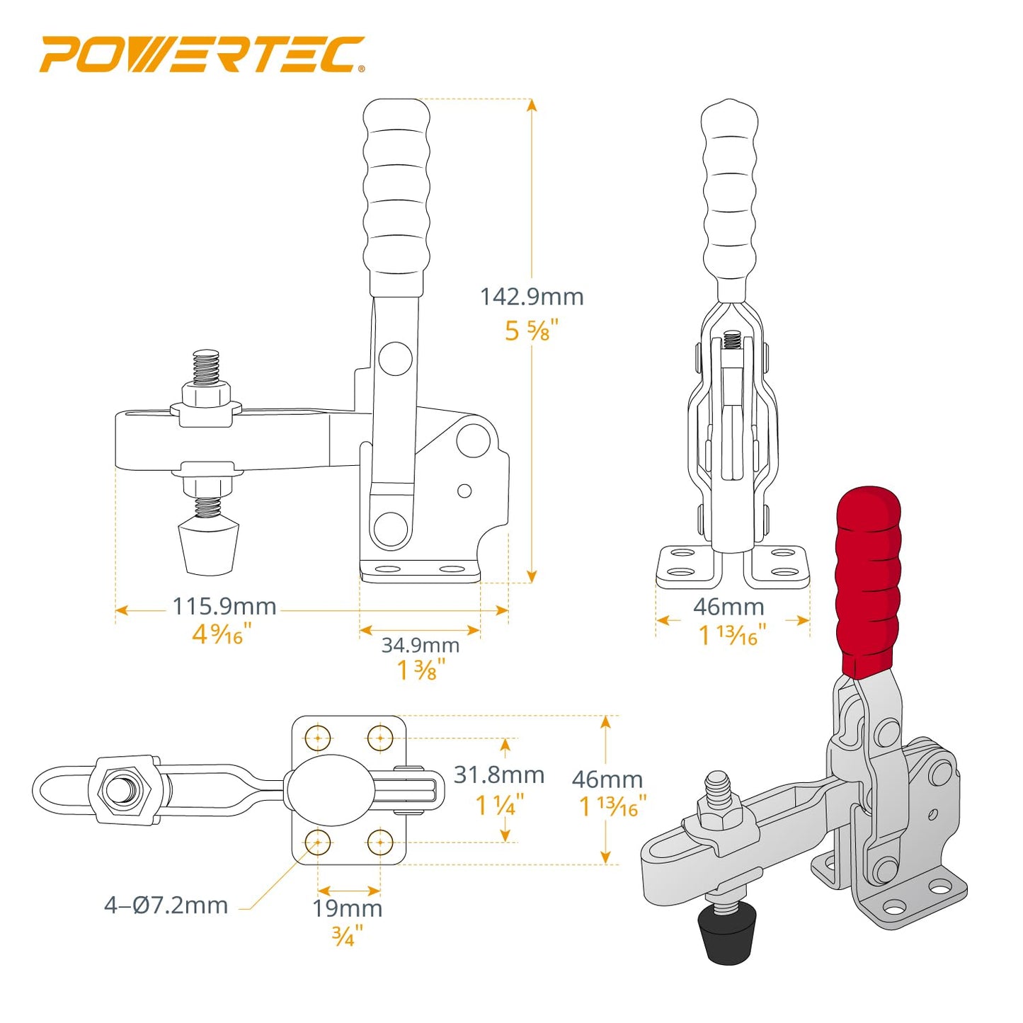 POWERTEC 2PK Toggle Clamp, 500 lbs Holding Capacity, 12130 Quick Release Vertical Clamps w/Antislip Rubber Pressure Tip for Woodworking Jigs and Fixtures, Welding, Drill Press, Crosscut Sled (20335)