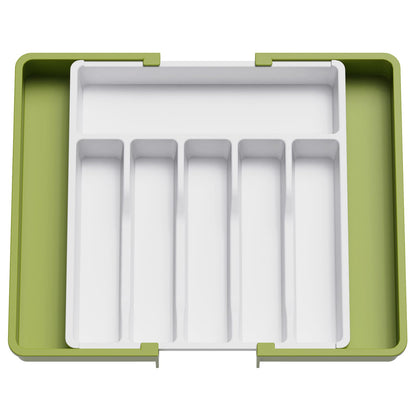 Lifewit Silverware Drawer Organizer, Expandable Utensil Tray for Kitchen, BPA Free Flatware and Cutlery Holder, Adjustable Plastic Storage for Spoons Forks Knives, Large, Green&White