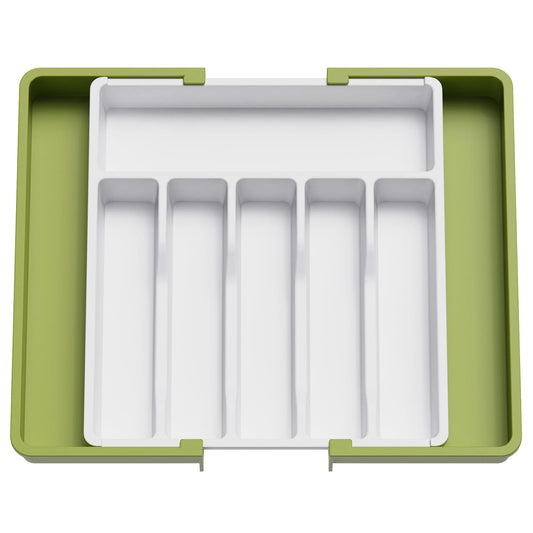 Lifewit Silverware Drawer Organizer, Expandable Utensil Tray for Kitchen, BPA Free Flatware and Cutlery Holder, Adjustable Plastic Storage for Spoons Forks Knives, Large, Green&White