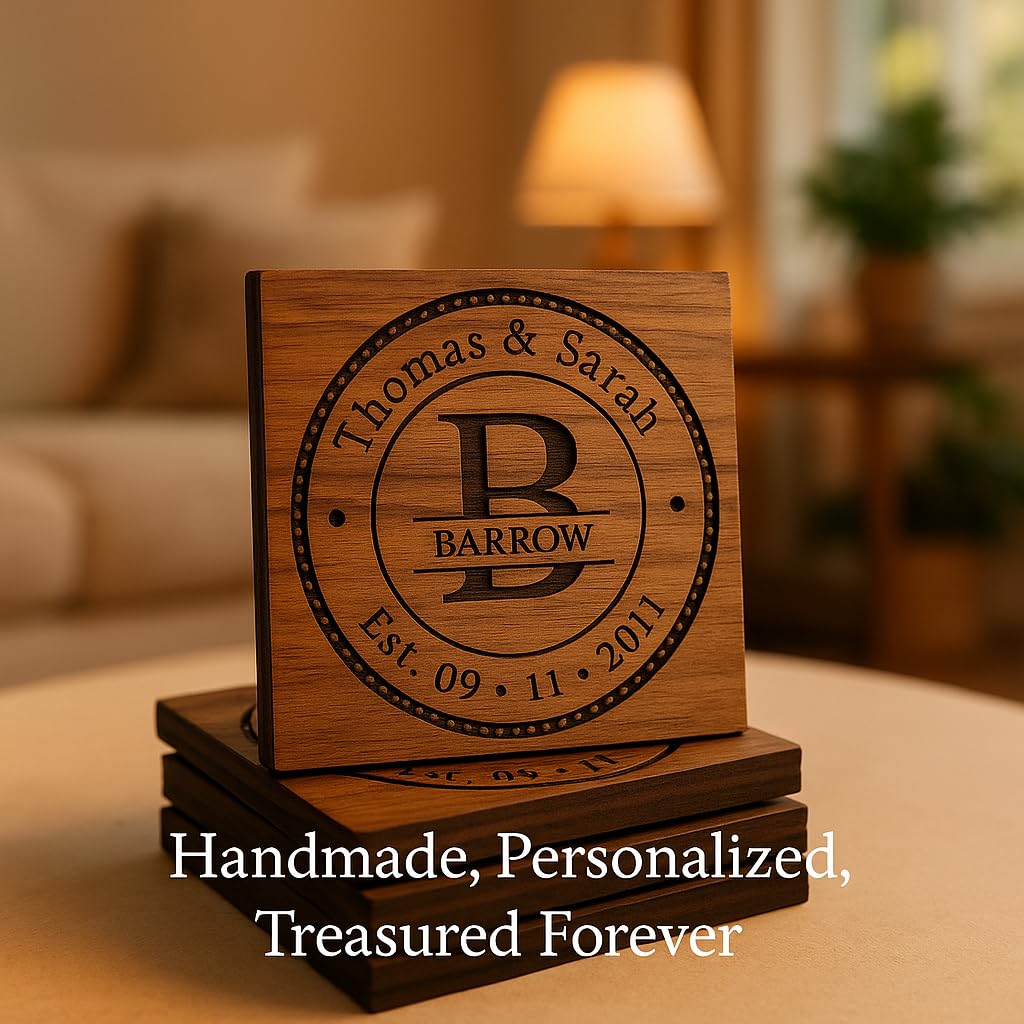 Personalized Coasters for Wedding Gifts, or Personalized Wooden Coaster Sets | Custom Coaster Set Options (2, 4, 6, 8, 16) | Handmade Wooden Coasters Made in The USA