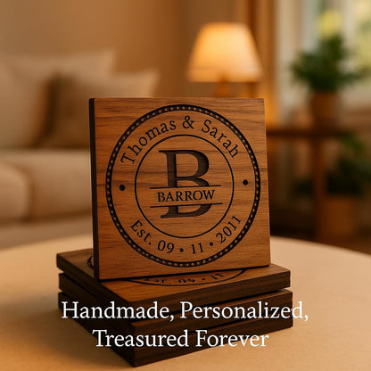 Personalized Coasters for Wedding Gifts, or Personalized Wooden Coaster Sets | Custom Coaster Set Options (2, 4, 6, 8, 16) | Handmade Wooden Coasters Made in The USA