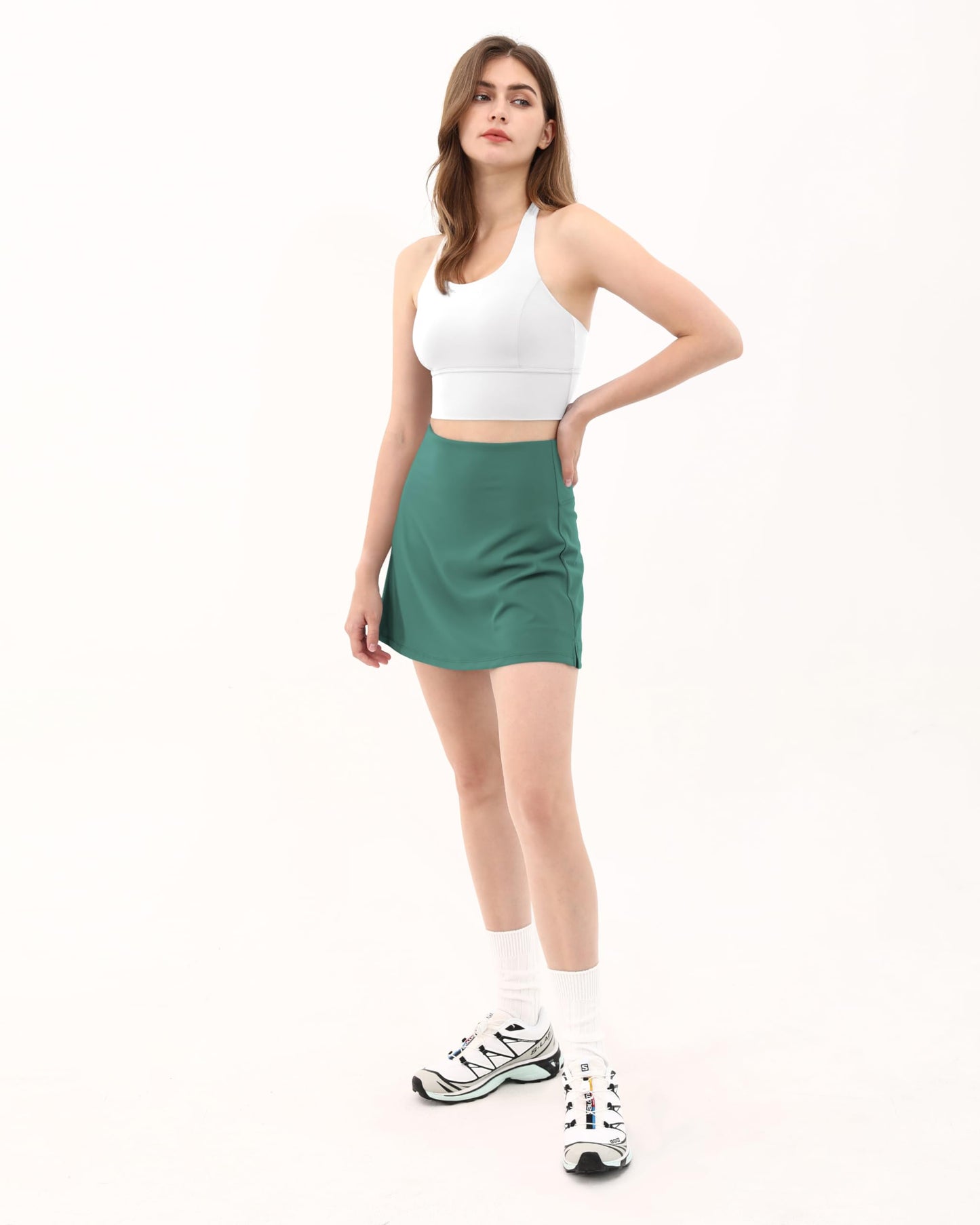 ODODOS Women's Athletic Tennis Skorts with Pockets Built-in Shorts Golf Active Skirts for Sports Running Gym Training, Green, Medium