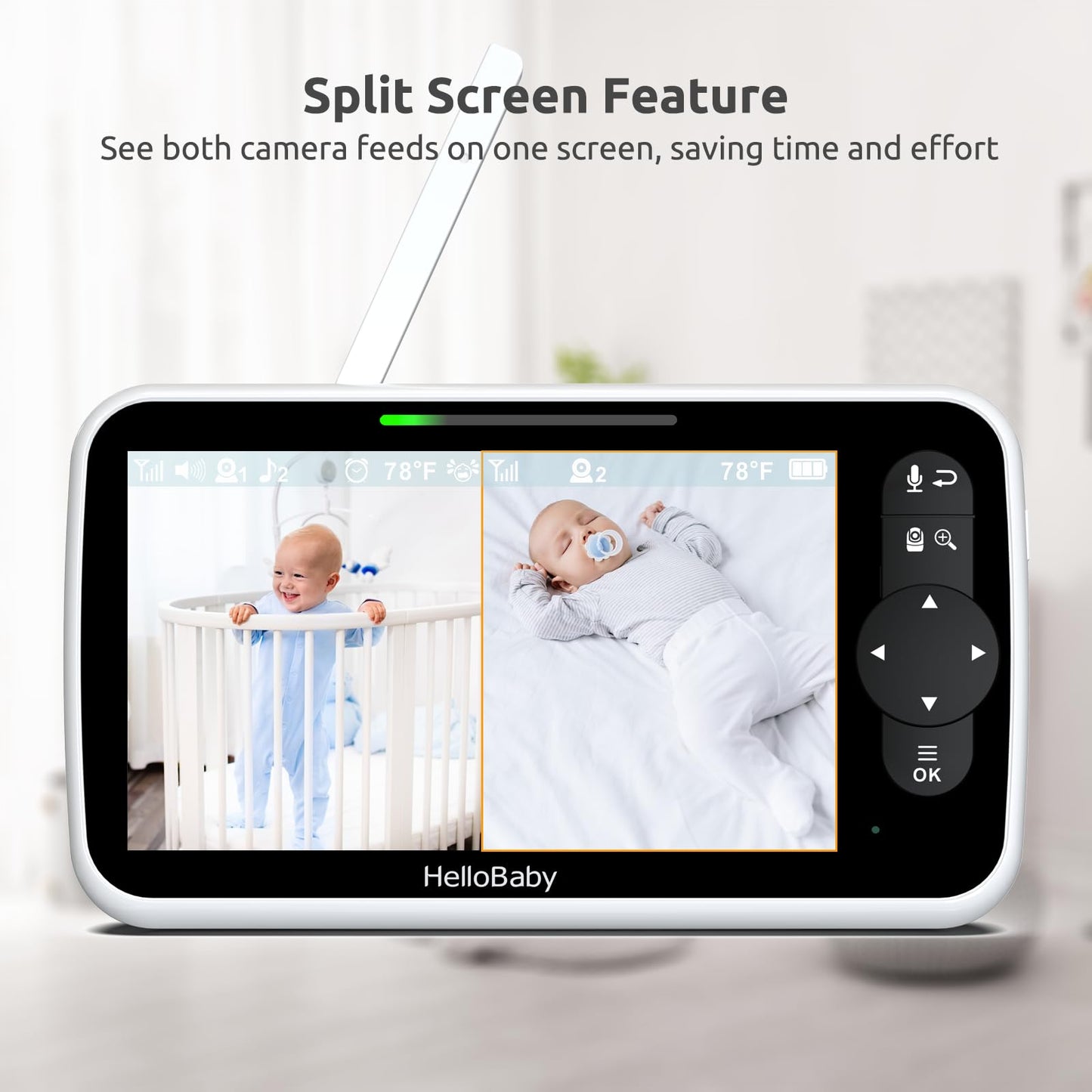 HelloBaby Video Baby Monitor with Upgraded 6” IPS Large Screen, Split Screen with 2 Cameras, Night Vision and Temprature Monitoring, Remote Pan-Tilt-Zoom Camera, No-WiFi