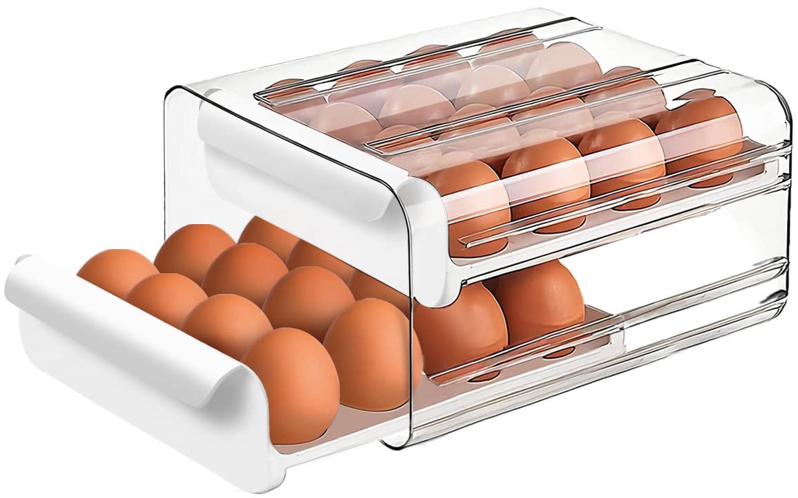 Large Capacity Egg Holder for Refrigerator, Egg Storage Container Organizer Bins, Stackable Clear Plastic Storage Egg Organizer with Handles, Household Egg Holder for Fridge(2 Layer)