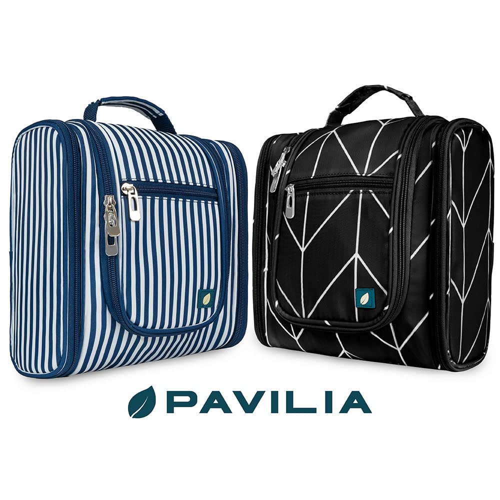 PAVILIA Toiletry Bag Travel Bag for Women Men, Hanging Cosmetic Organizer, Water Resistant Makeup Bag for Accessories Toiletries, Large Travel Essentials Kit (Stripe Navy)