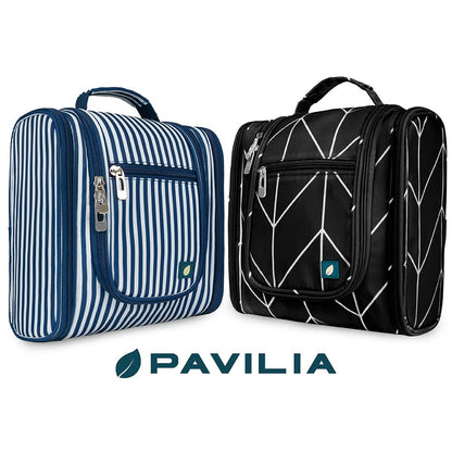 PAVILIA Toiletry Bag Travel Bag for Women Men, Hanging Cosmetic Organizer, Water Resistant Makeup Bag for Accessories Toiletries, Large Travel Essentials Kit (Stripe Navy)
