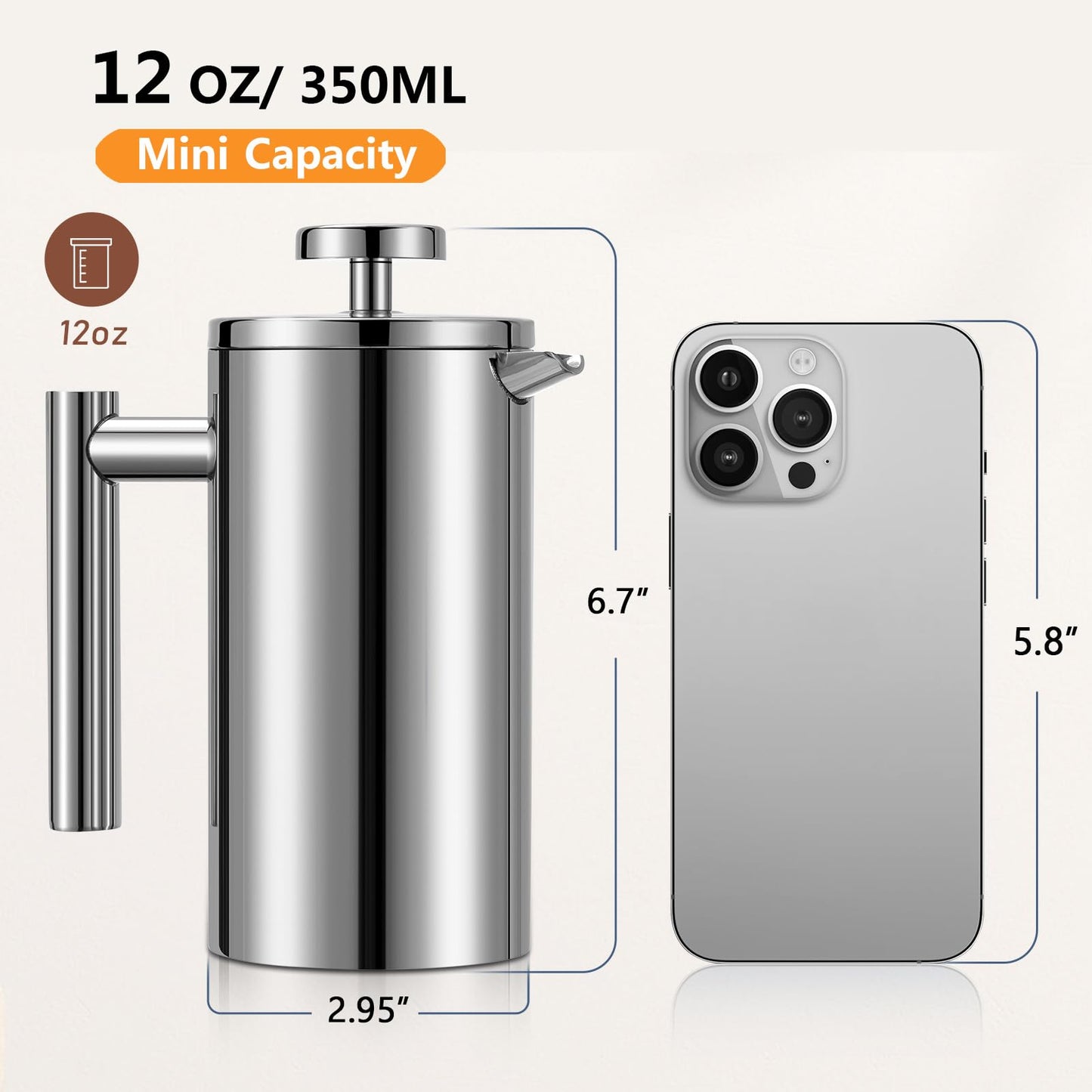 Meelio Small French Press 350ml, Double-Wall Insulated French Press Coffee Press Stainless Steel for travel camping, Single Cup Pour Over Coffee Maker (1 cup, 12 OZ)